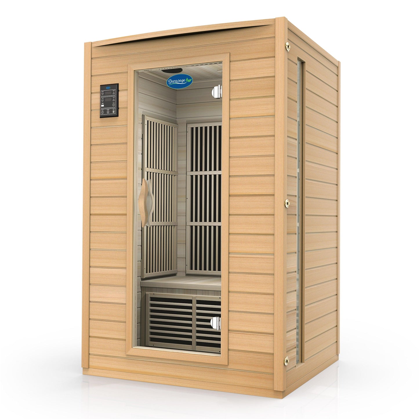 Three-quarter view of the Durasage two-person Canadian hemlock infrared sauna