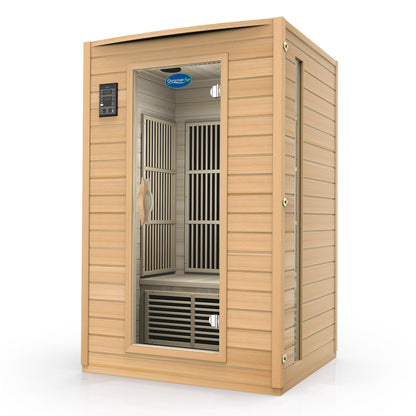 Three-quarter view of the Durasage two-person Canadian hemlock infrared sauna