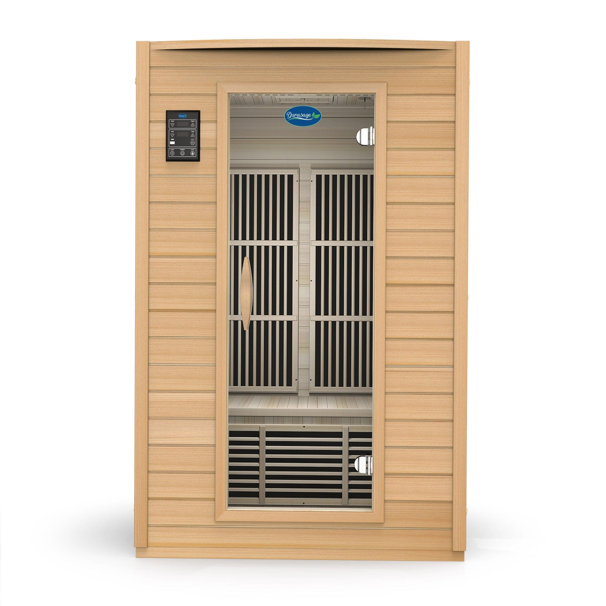 Front view of the Durasage two-person infrared sauna with glass door and carbon heating panels