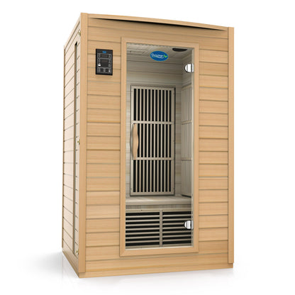 Angled front view of the compact Durasage Canadian hemlock infrared sauna cabin