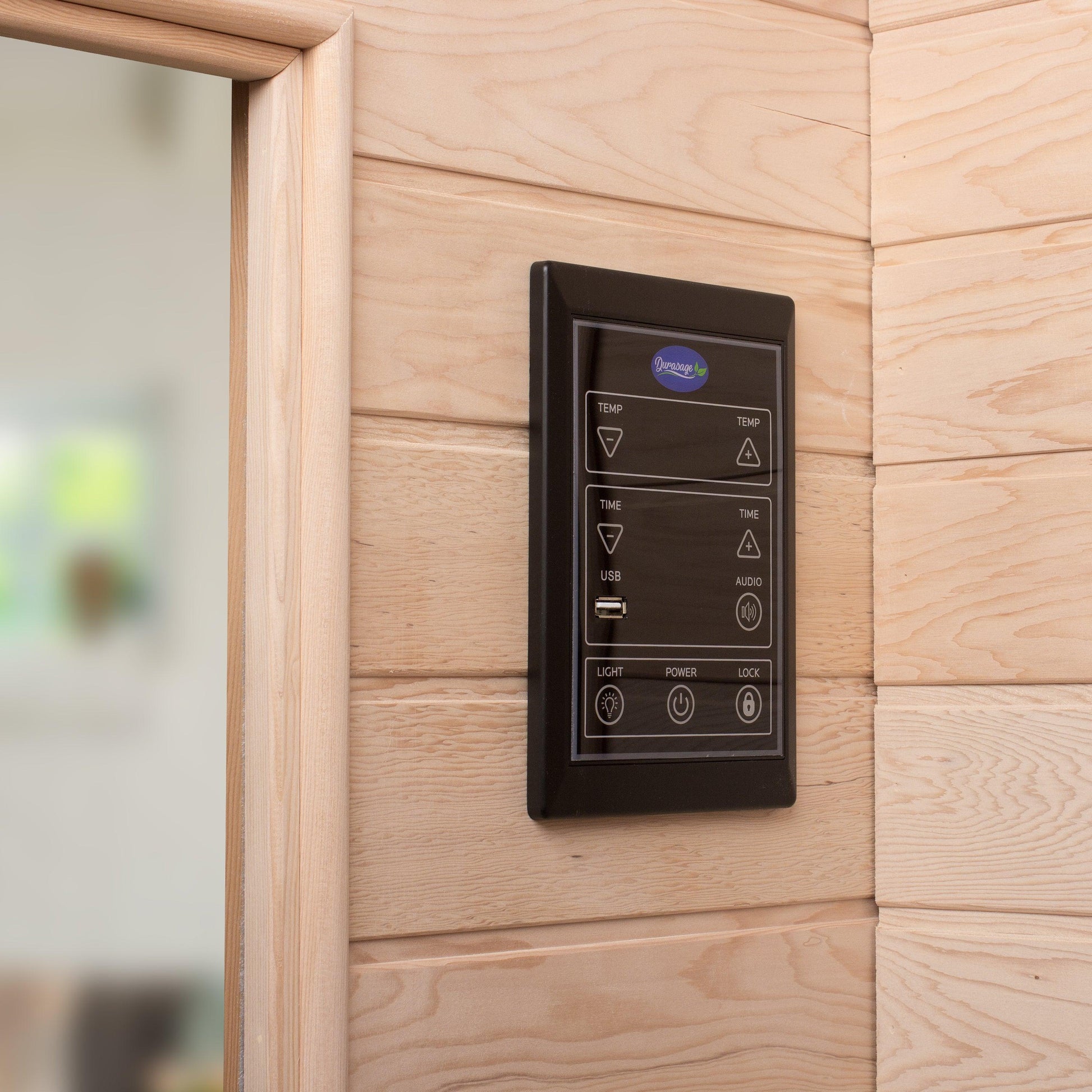 Digital heat and timer control panel mounted on the Durasage infrared sauna