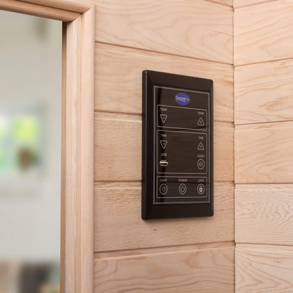 Digital heat and timer control panel mounted on the Durasage infrared sauna