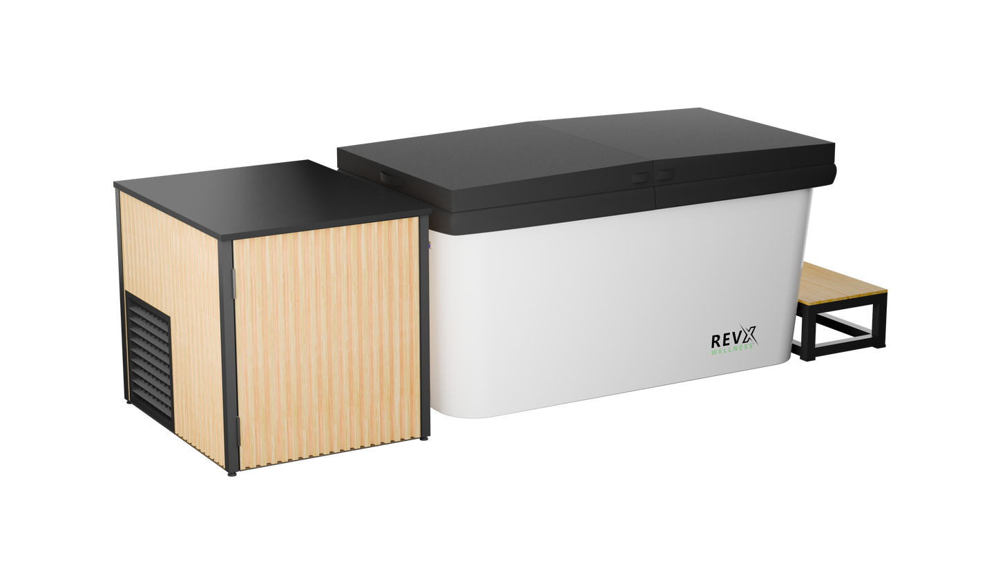 RevX X Tub + LUX Chiller System — closed chiller cabinet and covered tub