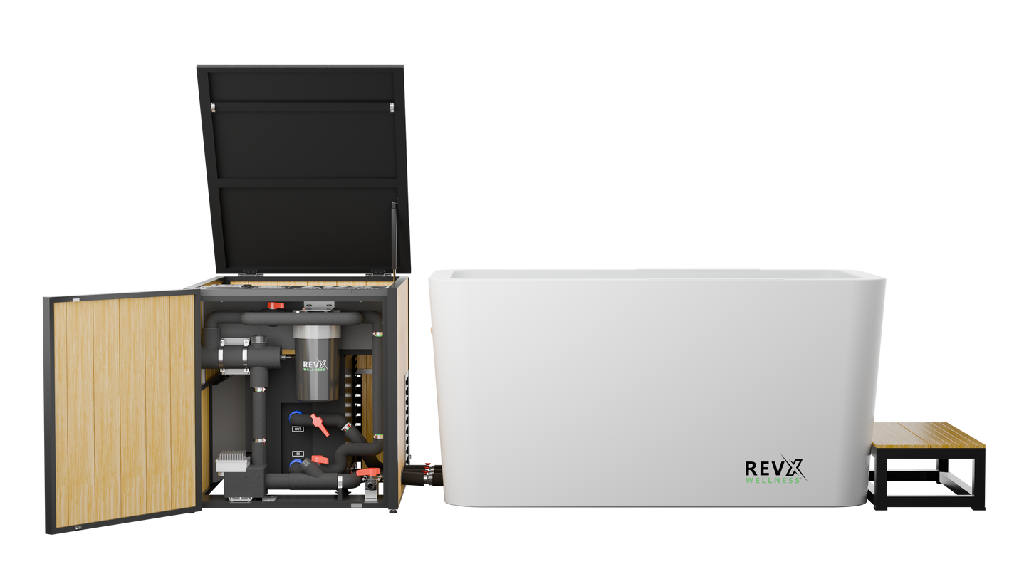 RevX X Tub + LUX Chiller System — open chiller cabinet and tub