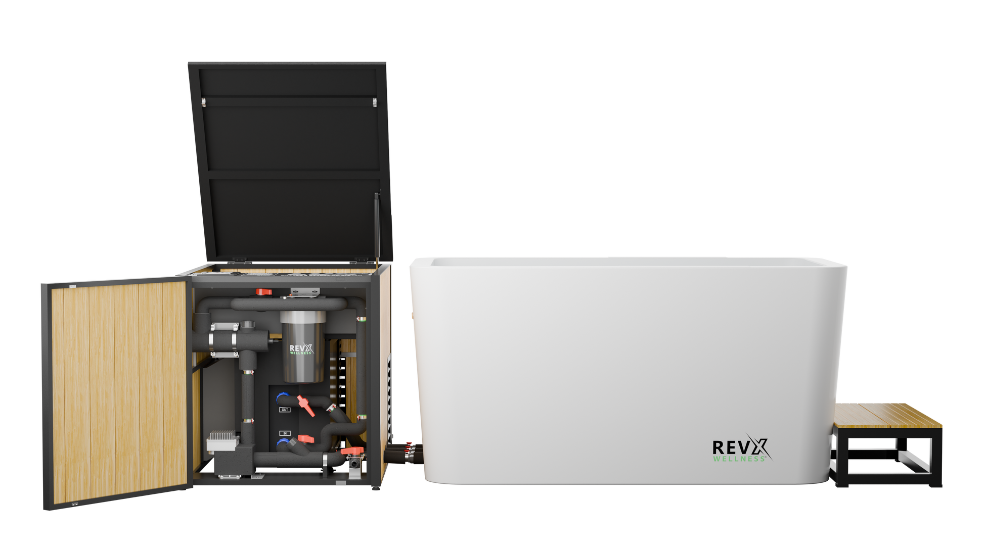 RevX X Tub + LUX Chiller System — open chiller cabinet and tub